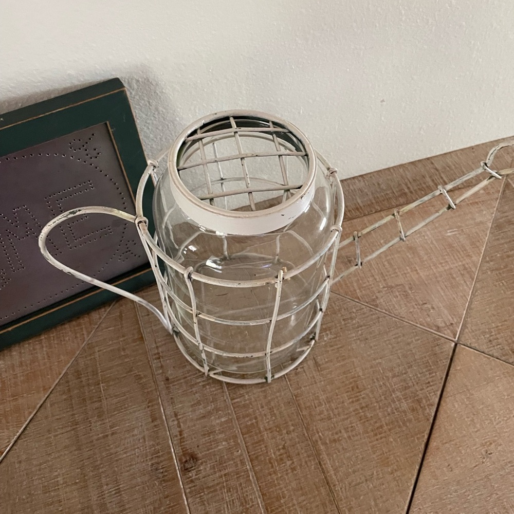 Rustic White Metal and Glass Watering Can - Picture 2 of 8